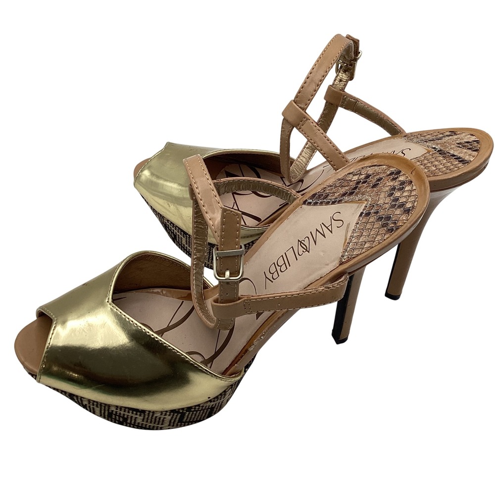 Sam & Libby Gold Metallic Snakeskin Platform Heels Peep Toe Sandals Size 8 - Picture 4 of 9